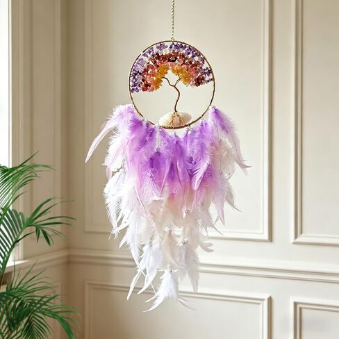 Tree of Life Dream Catcher, Boho Wall Hanging Decor for Bedroom,Living Room, Handmade Healing Crystal Stone Suncatcher Gift for Women, Mom, Birthday, Housewarming, Home Decoration (Crystal Stone) in Kuwait