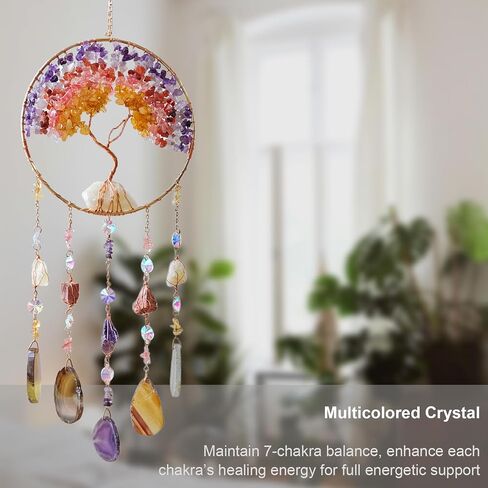 Tree of Life Dream Catcher, Boho Wall Hanging Decor for Bedroom,Living Room, Handmade Healing Crystal Stone Suncatcher Gift for Women, Mom, Birthday, Housewarming, Home Decoration (Crystal Stone) in Kuwait