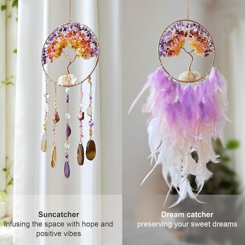 Tree of Life Dream Catcher, Boho Wall Hanging Decor for Bedroom,Living Room, Handmade Healing Crystal Stone Suncatcher Gift for Women, Mom, Birthday, Housewarming, Home Decoration (Crystal Stone) in Kuwait