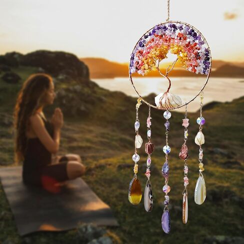 Tree of Life Dream Catcher, Boho Wall Hanging Decor for Bedroom,Living Room, Handmade Healing Crystal Stone Suncatcher Gift for Women, Mom, Birthday, Housewarming, Home Decoration (Crystal Stone) in Kuwait