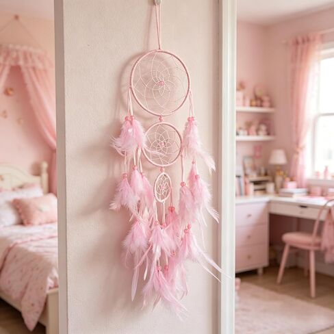 Triple Circles Silk Ribbon Pink Dream Catcher for Girls - Wall Decor for Bedroom, Girl's Room Hanging Decor, Boho Wall Art for Girls Bedroom in Saudi Arabia