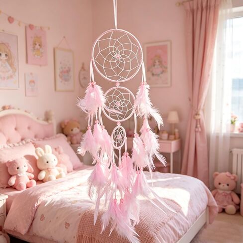 Triple Circles Silk Ribbon Pink Dream Catcher for Girls - Wall Decor for Bedroom, Girl's Room Hanging Decor, Boho Wall Art for Girls Bedroom in Saudi Arabia