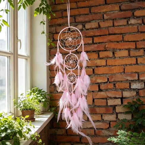 Triple Circles Silk Ribbon Pink Dream Catcher for Girls - Wall Decor for Bedroom, Girl's Room Hanging Decor, Boho Wall Art for Girls Bedroom in Saudi Arabia