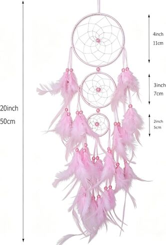 Triple Circles Silk Ribbon Pink Dream Catcher for Girls - Wall Decor for Bedroom, Girl's Room Hanging Decor, Boho Wall Art for Girls Bedroom in Saudi Arabia