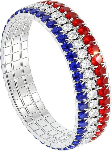 MALOYANVE American Flag Rhinestone Stretch Ring for Women Men Sparkly USA American Flag Patriotic Ring July 4th Red White Blue Crystal 3 Rows Jewelry Independence Day Gifts in Kuwait