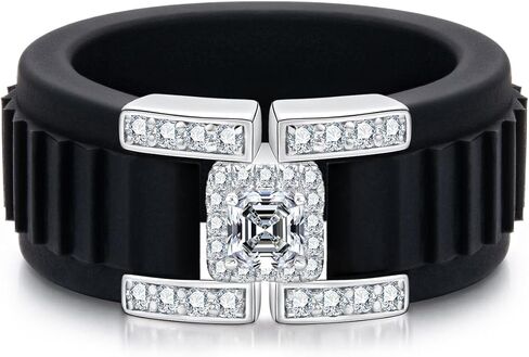 Moissanite Silicone Ring, 925 Sterling Silver Asscher Cut Silicone Band, Luxury Engagement Jewelry Gift for Him in Kuwait