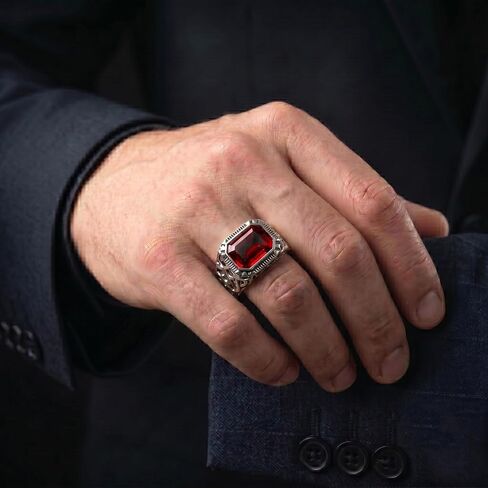 Natural Red Garnet Ring Mens Solid 925 Sterling Silver Handmade Gemstone Wedding Band Jewelry Signet Mens Ring Gift for Him Statement Jewelry for Men Red Garnet Ring Mens in Kuwait