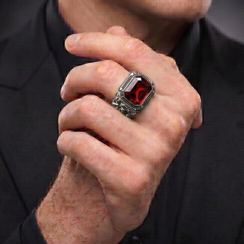 Natural Red Garnet Ring Mens Solid 925 Sterling Silver Handmade Gemstone Wedding Band Jewelry Signet Mens Ring Gift for Him Statement Jewelry for Men Red Garnet Ring Mens in Kuwait