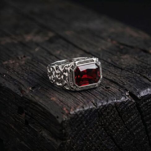 Natural Red Garnet Ring Mens Solid 925 Sterling Silver Handmade Gemstone Wedding Band Jewelry Signet Mens Ring Gift for Him Statement Jewelry for Men Red Garnet Ring Mens in Kuwait