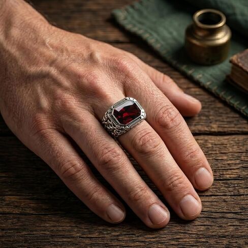 Natural Red Garnet Ring Mens Solid 925 Sterling Silver Handmade Gemstone Wedding Band Jewelry Signet Mens Ring Gift for Him Statement Jewelry for Men Red Garnet Ring Mens in Kuwait