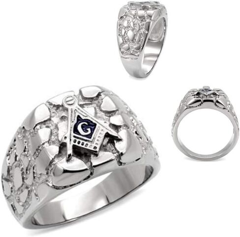 Men's Textured Masonic Lodge Freemason Signet Nugget Ring in Hypoallergenic Silvertone Stainless Steel Ornate Statement Ring in Saudi Arabia