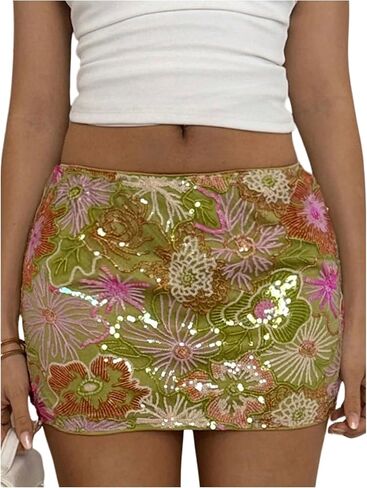 Floerns Women's Floral Bodycon Mini Skirts Y2k Sequin Summer Beach Vacation Glitter Going Out Skirts Clubwear in Kuwait