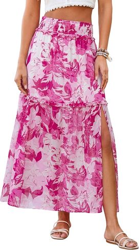 BerryGo Women Boho Floral Maxi Skirts Summer Smocked High Waisted Chiffon Flowy A Line 2026 Trendy Long Beach Skirt with Slit in Saudi Arabia