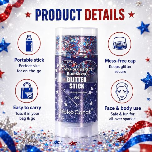 Red White and Blue Body Glitter Stick for Women, Patriotic Face & Hair Glitter for 4th of July Makeup, USA 250th Anniversary Merchandise 4th of July Outfits Soccer Game Day Accessories in Saudi Arabia