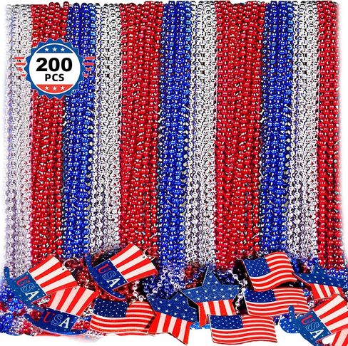TOAPER 200PCS 4th of July Accessories Necklace for Adult- Red White And Blue Accessories Necklace, 4th Of July Beads Necklace for 250th Anniversary Independence Memorial Day in Saudi Arabia