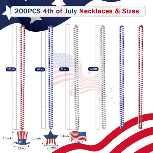 TOAPER 200PCS 4th of July Accessories Necklace for Adult- Red White And Blue Accessories Necklace, 4th Of July Beads Necklace for 250th Anniversary Independence Memorial Day in Saudi Arabia