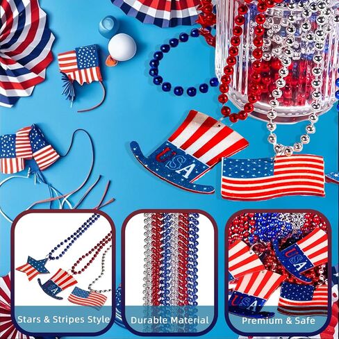 TOAPER 200PCS 4th of July Accessories Necklace for Adult- Red White And Blue Accessories Necklace, 4th Of July Beads Necklace for 250th Anniversary Independence Memorial Day in Saudi Arabia