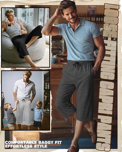 August Alley 4 قطع من سراويل Capris الرجالية الكبيرة والطويلة تحت الركبة، سراويل الصيف الفضفاضة 3/4، سراويل طويلة قصيرة مع جيوب in Kuwait