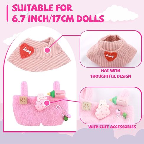 Clothes for Doll, 5-Piece Set Doll Clothes 6.7in/17cm Doll Outfits Cute Accessories for Doll Includes Doll Shoes+Doll Hat+Plaid T-Shirt+Bib Pants+Glasses Clothes Set in Saudi Arabia