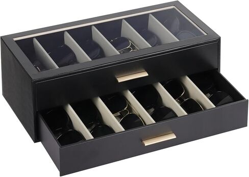 AUTORK PU Leather Sunglasses Organizer Case with Lock,2-Layer 12-Slot Eyeglass Display Box with Drawer,Glass Top Jewelry Storage Holder for Men Women,Ideal Gift for Desktop,Black,MKAWA01 in Saudi Arabia