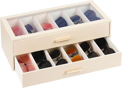 AUTORK PU Leather Sunglasses Organizer Case with Lock,2-Layer 12-Slot Eyeglass Display Box with Drawer,Glass Top Jewelry Storage Holder for Men Women,Ideal Gift for Desktop,Black,MKAWA01 in Saudi Arabia