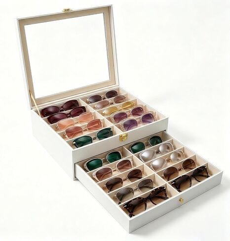 20 Slots Sunglasses Storage Jewelry Box, PU Leather Large Sunglasses Organizer Case Holder with Clear Lid in Kuwait