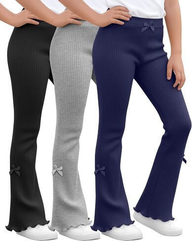 3 Pack Girls Flare Leggings Ribbed Ruffle Kids Flare Pants with Bow High Waisted Slim Teen Trendy Cute Bell Bottoms in Kuwait