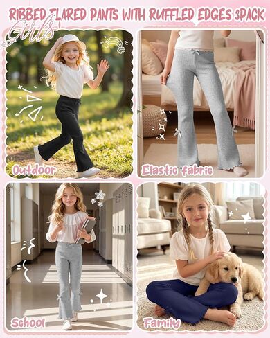 3 Pack Girls Flare Leggings Ribbed Ruffle Kids Flare Pants with Bow High Waisted Slim Teen Trendy Cute Bell Bottoms in Kuwait