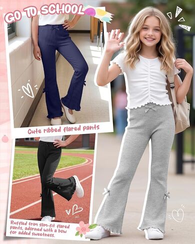 3 Pack Girls Flare Leggings Ribbed Ruffle Kids Flare Pants with Bow High Waisted Slim Teen Trendy Cute Bell Bottoms in Kuwait