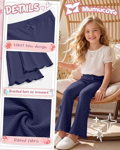 3 Pack Girls Flare Leggings Ribbed Ruffle Kids Flare Pants with Bow High Waisted Slim Teen Trendy Cute Bell Bottoms in Kuwait