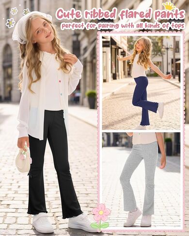 3 Pack Girls Flare Leggings Ribbed Ruffle Kids Flare Pants with Bow High Waisted Slim Teen Trendy Cute Bell Bottoms in Kuwait