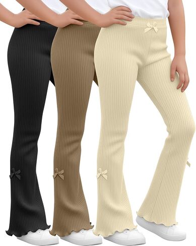 3 Pack Girls Flare Leggings Ribbed Ruffle Kids Flare Pants with Bow High Waisted Slim Teen Trendy Cute Bell Bottoms in Saudi Arabia