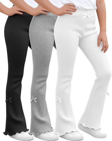 3 Pack Girls Flare Leggings Ribbed Ruffle Kids Flare Pants with Bow High Waisted Slim Teen Trendy Cute Bell Bottoms in Kuwait