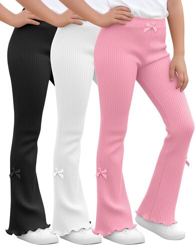 3 Pack Girls Flare Leggings Ribbed Ruffle Kids Flare Pants with Bow High Waisted Slim Teen Trendy Cute Bell Bottoms in Kuwait