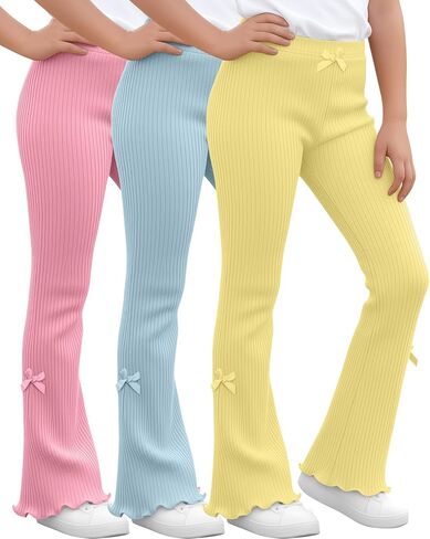 3 Pack Girls Flare Leggings Ribbed Ruffle Kids Flare Pants with Bow High Waisted Slim Teen Trendy Cute Bell Bottoms in Kuwait