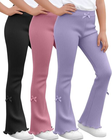 3 Pack Girls Flare Leggings Ribbed Ruffle Kids Flare Pants with Bow High Waisted Slim Teen Trendy Cute Bell Bottoms in Kuwait