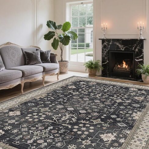 Washable 2' x 6' Runners for Hallways, Non-Slip Stain Resistant Long Floor Runner for Kitchen, Entryway Indoor, Soft Vintage Boho Rubber Backing Decor Rug (Charcoal Blush Ivory) in Saudi Arabia