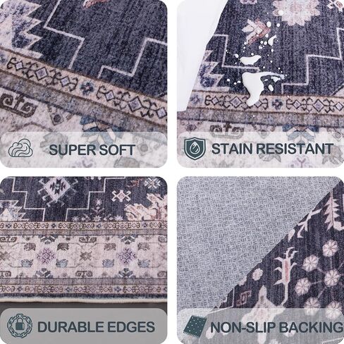 Washable 2' x 6' Runners for Hallways, Non-Slip Stain Resistant Long Floor Runner for Kitchen, Entryway Indoor, Soft Vintage Boho Rubber Backing Decor Rug (Charcoal Blush Ivory) in Saudi Arabia