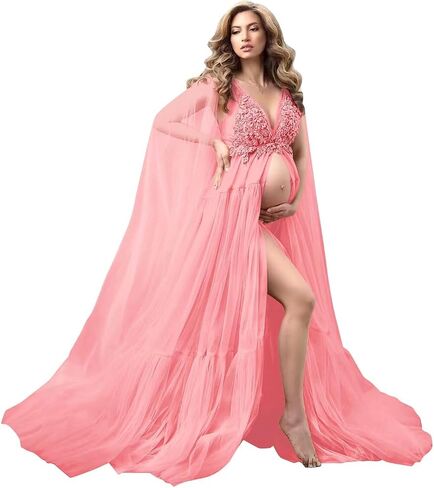 Tulle Maternity Dresses for Photoshoot 3D Lace Appliques Sheer V Neck Wedding Bathrobe Baby Shower Dress with Cape in Saudi Arabia