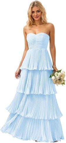 Mollyevers Strapless Ruffle Prom Dresses for Women Long Flowy Tiered Chiffon Formal Evening Gowns in Saudi Arabia
