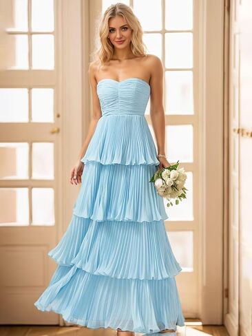 Mollyevers Strapless Ruffle Prom Dresses for Women Long Flowy Tiered Chiffon Formal Evening Gowns in Saudi Arabia