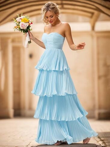 Mollyevers Strapless Ruffle Prom Dresses for Women Long Flowy Tiered Chiffon Formal Evening Gowns in Saudi Arabia