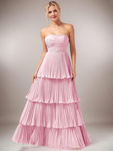 Mollyevers Strapless Ruffle Prom Dresses for Women Long Flowy Tiered Chiffon Formal Evening Gowns in Saudi Arabia