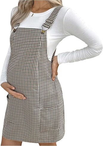 MakeMeChic Women's Maternity Overall Dress Houndstooth Sleeveless Pinafore Mini Dress in Kuwait