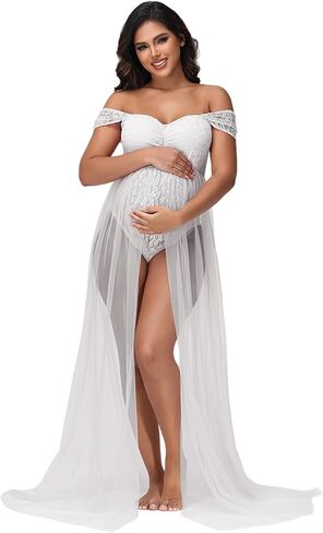 Maternity Sexy Lace Mesh Drop Sleeves Bodysuits Maxi Photography Dress for Photoshoot Split Tail Pregnancy Outfits in Kuwait