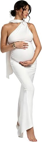 Maternity Asymmetrical Neck Ruched Backless Party Baby Shower Dress for Photoshoot with Tie Back Maxi Photography Gown in Kuwait