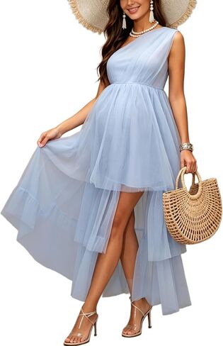 One Shoulder Tulle Maternity Dress Sleeveless Tiered Ruffle Maxi Dress for Baby Shower Photoshoot in Kuwait