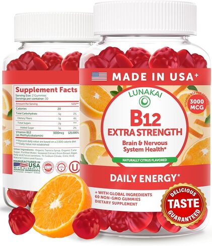 Lunakai USA Made Vitamin B12 Gummies 3000mcg، فيتامينات B12 للطاقة ودعم الدماغ والتمثيل الغذائي، ميثيل كوبالامين للبالغين والنساء والرجال، نباتي غير معدّل وراثيًا، 60 فيتامينات صمغية يومية in Kuwait