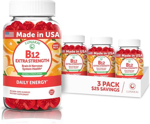 Lunakai USA Made Vitamin B12 Gummies 3000mcg, B12 Vitamins for Energy, Brain & Metabolism Support, Methylcobalamin for Adults, Women & Men, Non-GMO Vegan, 60 Daily Gummy Vitamins in Kuwait