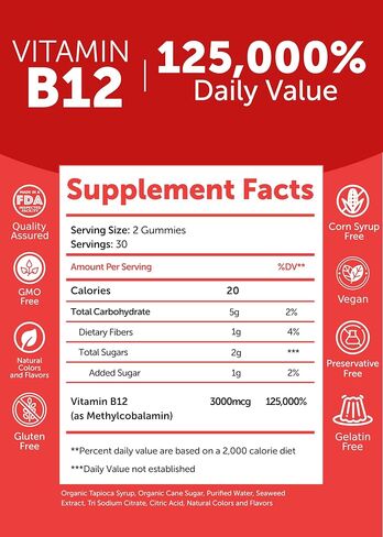 Lunakai USA Made Vitamin B12 Gummies 3000mcg، فيتامينات B12 للطاقة ودعم الدماغ والتمثيل الغذائي، ميثيل كوبالامين للبالغين والنساء والرجال، نباتي غير معدّل وراثيًا، 60 فيتامينات صمغية يومية in Kuwait